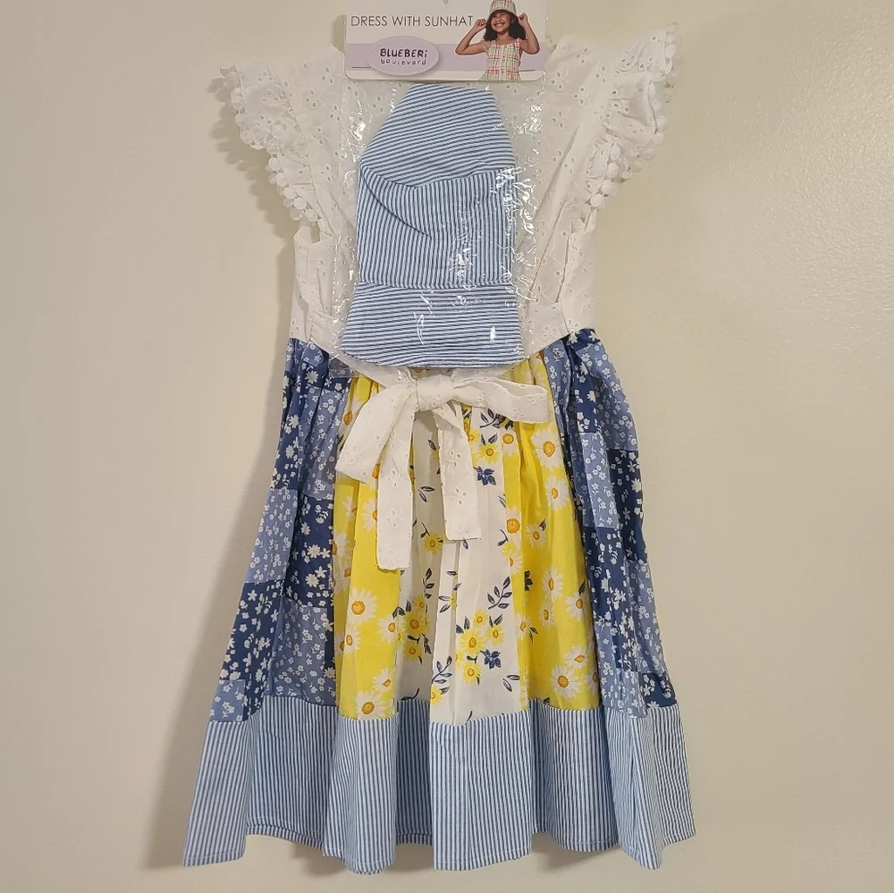 New Blueberi Boulevard Girls 4T Floral Summer Cotton Dress with Sunhat